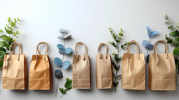 Uma fileira de sacos com flores e folhas sobre eles em uma parede com um fundo branco e um azul