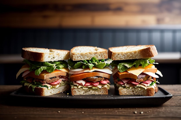 Uma fileira de sanduíches com coberturas diferentes