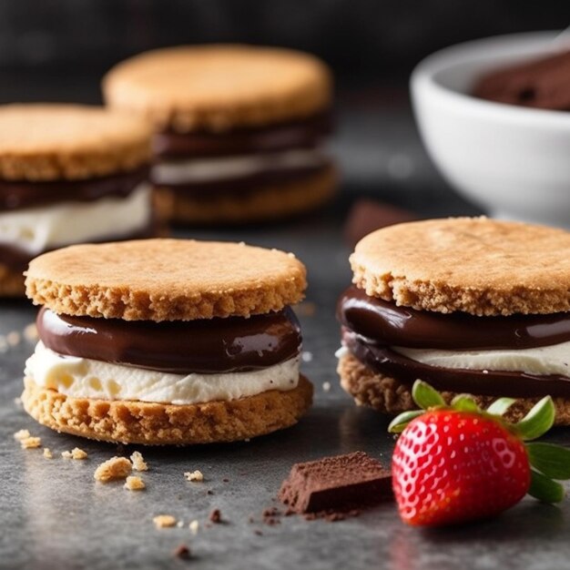 Uma fileira de sanduíches de sorvete de chocolate com uma tigela de morangos ao fundo.