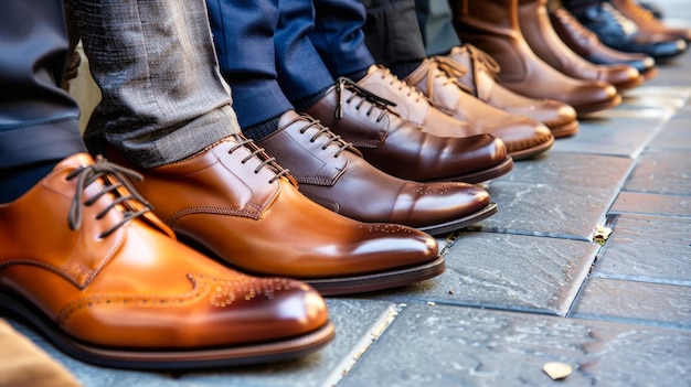 Uma fileira de sapatos de negócios masculinos cuidadosamente alinhados em uma calçada criando uma exibição elegante e sofisticada