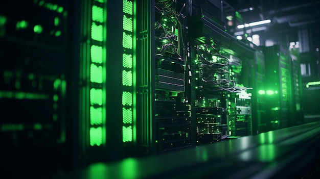 Foto uma fileira de servidores com luzes verdes em uma sala escura