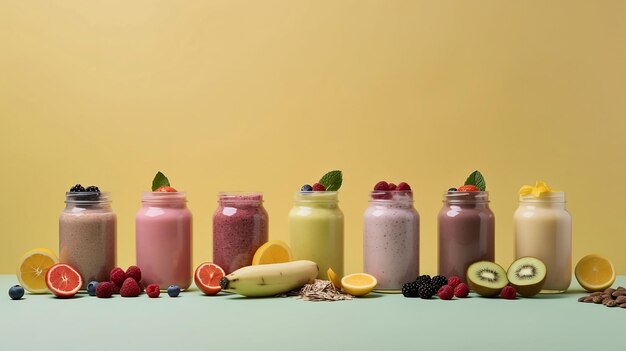 Uma fileira de smoothies com frutas diferentes