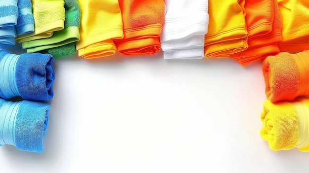 Uma fileira de toalhas coloridas estão dispostas em uma linha