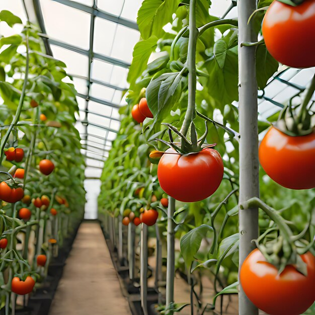 uma fileira de tomates em uma estufa com um telhado verde