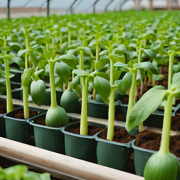 uma fileira de tomates verdes estão alinhados em fileiras