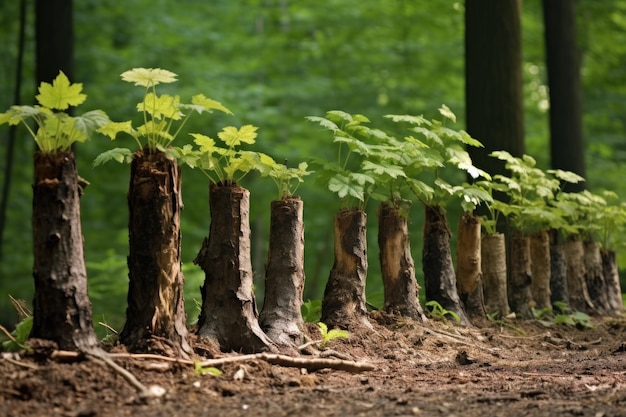 Uma fileira de troncos de árvores mostrando vários estágios de crescimento
