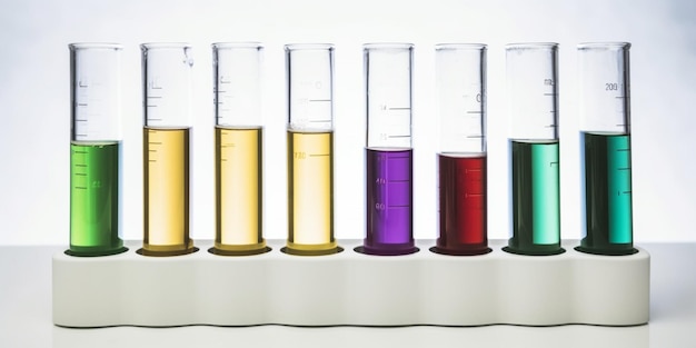 Uma fileira de tubos de ensaio com líquidos de cores diferentes.