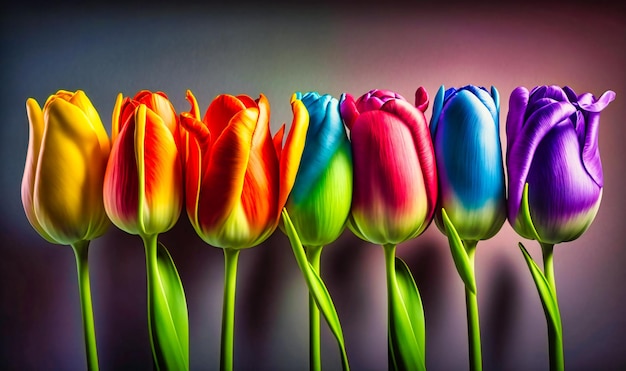 Foto uma fileira de tulipas com suas cores vibrantes criando um arco-íris de tons
