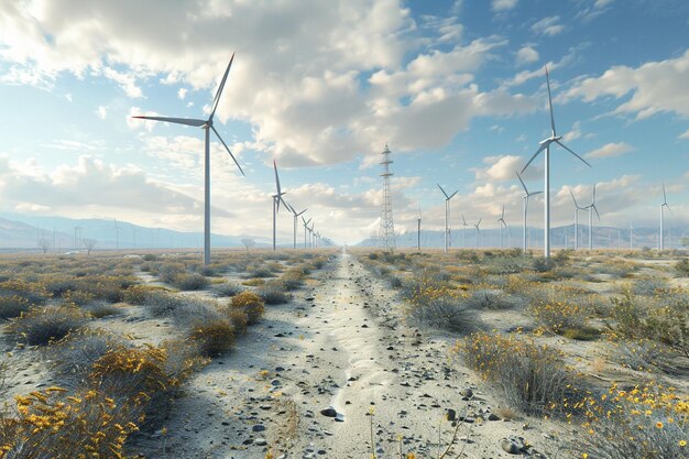 uma fileira de turbinas eólicas em um deserto com um céu azul e nuvens ao fundo