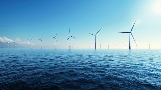 Foto uma fileira de turbinas eólicas no oceano