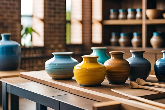 Uma fileira de vasos coloridos em uma mesa com uma colher.