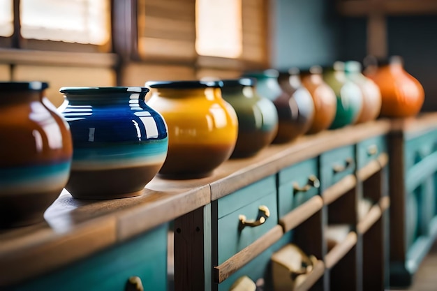 Uma fileira de vasos coloridos está alinhada em uma prateleira.