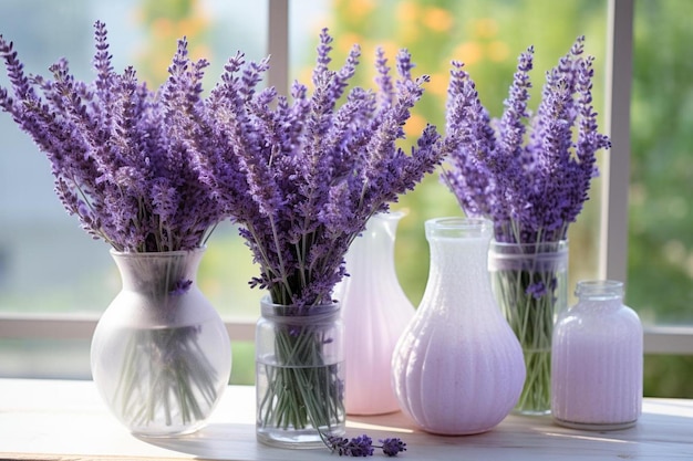 uma fileira de vasos com flores roxas sobre uma mesa.