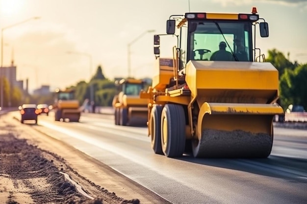 uma fileira de veículos de construção amarelos em uma estrada com um sendo rebocado