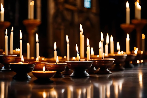 Uma fileira de velas com uma igreja ao fundo