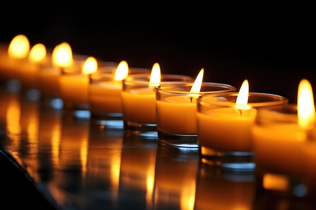 Uma fileira de velas perfumadas tremeluzindo em um quarto escuro