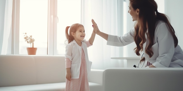 Uma filhinha dá cinco para uma médica, um pediatra recebe um pequeno paciente