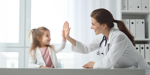 Uma filhinha dá cinco para uma médica, um pediatra recebe um pequeno paciente