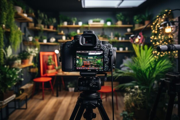 Foto uma filmagem em close-up de um vlogger profissional gravando uma câmera falando com um público