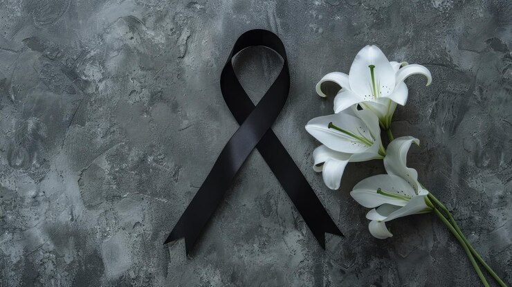 Foto uma fita preta e flores de lírio branco dispostas em uma superfície de concreto cinza o simbolismo comovente da bandeira triste em homenagem às vidas perdidas pela guerra ou câncer