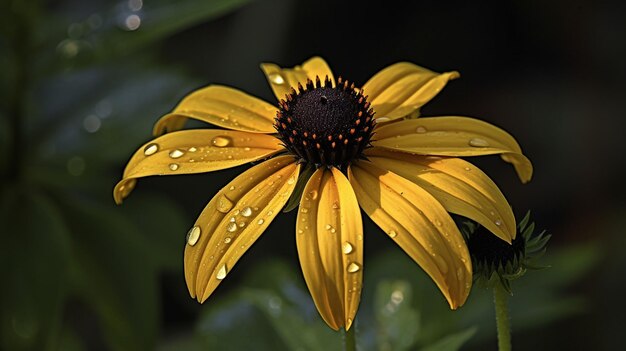 Uma flor amarela com gotas de água nela