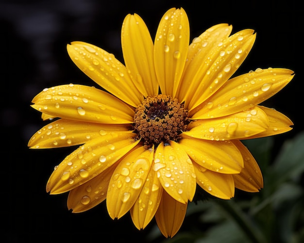 Uma flor amarela com gotas de água nela