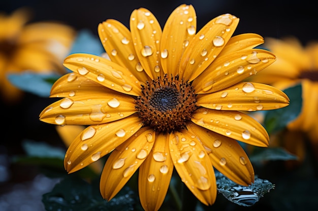 Uma flor amarela com gotas de água nela