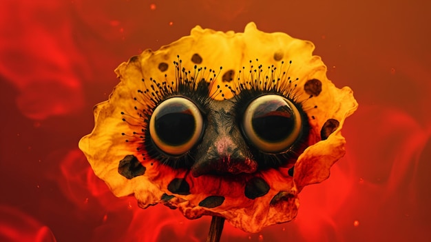 Uma flor amarela com rosto preto e olhos grandes é cercada por chamas.