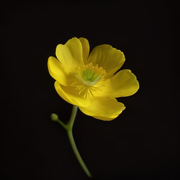 Uma flor amarela com um centro verde e um fundo preto.