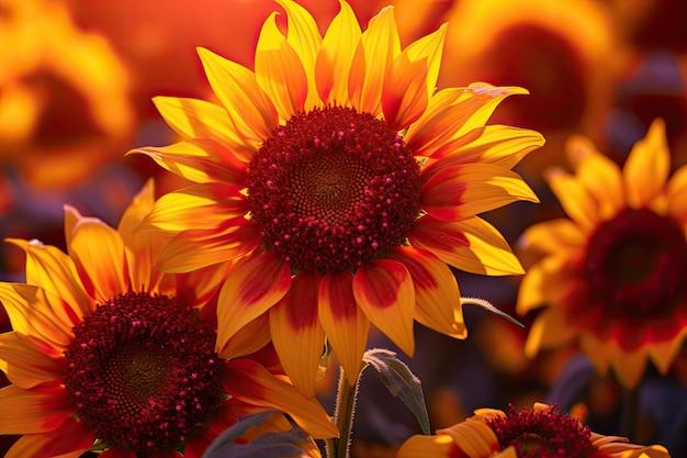 Uma flor amarela e vermelha brilhante com um centro vermelho.