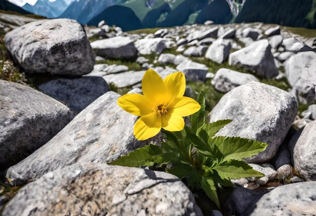 Foto uma flor amarela está crescendo em uma área rochosa