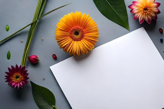 Uma flor amarela está sobre uma superfície cinza com uma folha de papel branca.