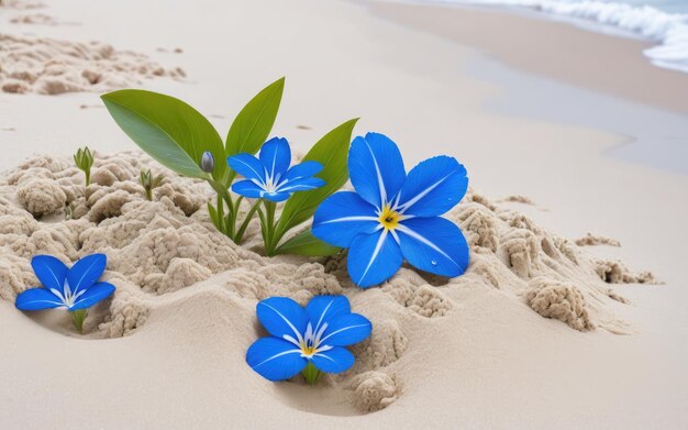 Uma flor azul a crescer na areia da praia