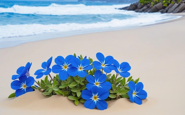 Uma flor azul a crescer na areia da praia