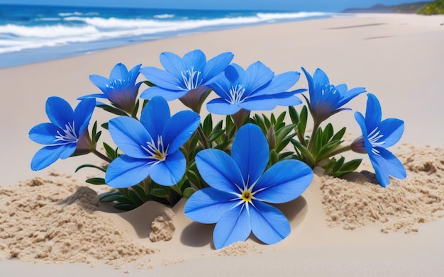 Uma flor azul a crescer na areia da praia