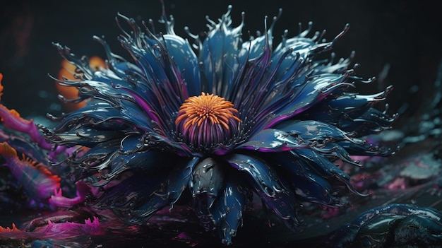 Uma flor azul com centro roxo e centro roxo.