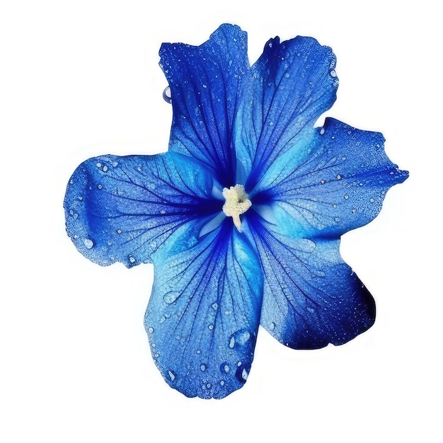 Uma flor azul com gotas de água