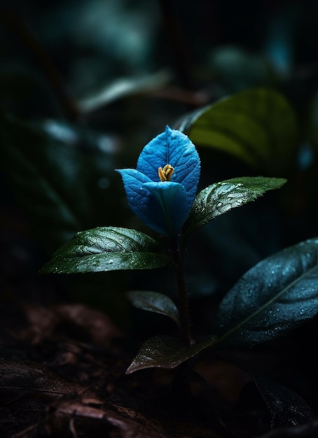 Uma flor azul com um centro amarelo