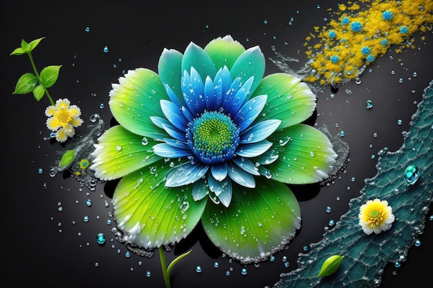 uma flor azul com uma haste verde um fundo preto