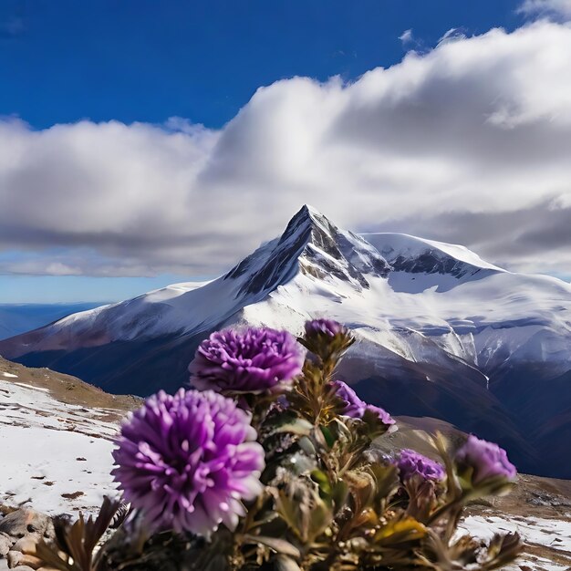 Foto uma flor azul e roxa juntas no topo da montanha gerada pela ia