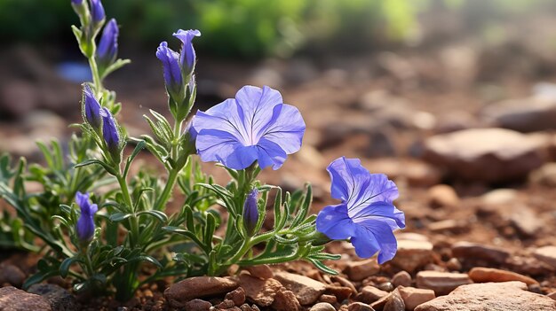 uma flor azul está crescendo em uma pilha de cascalho