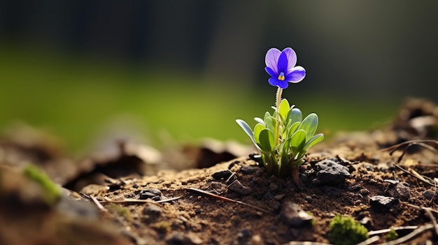 Uma flor azul solitária emerge com cores vibrantes em um fundo de terra iluminado pelo sol