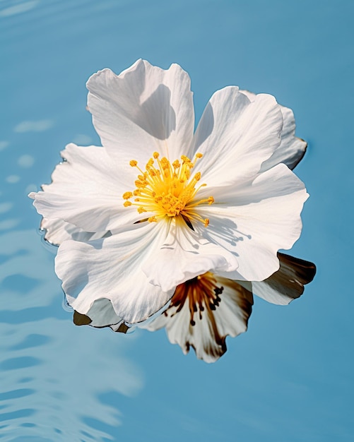 Uma flor branca com centro amarelo é refletida em uma superfície reflexiva