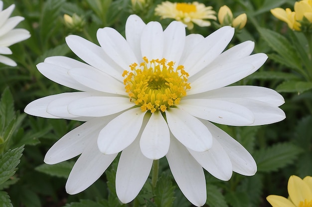 Uma flor branca com centro amarelo e um centro amarelo