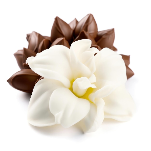 Uma flor branca com chocolate está sobre um fundo branco.