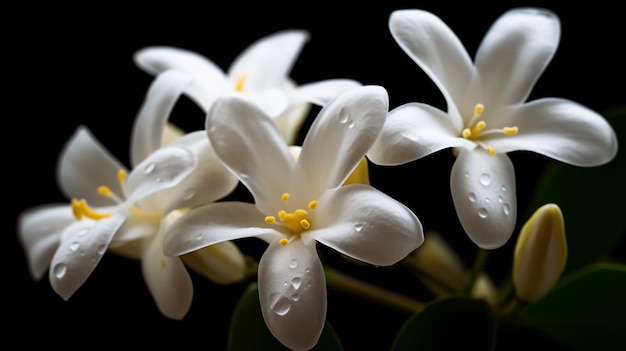 Uma flor branca com gotas amarelas de orvalho