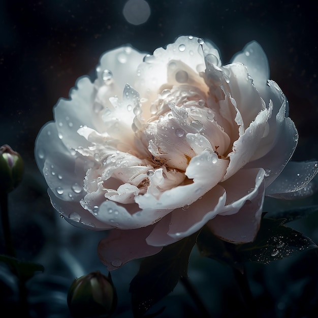 Uma flor branca com gotas de água está no escuro.
