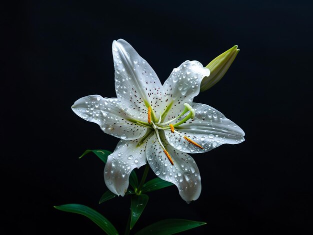 Uma flor branca com gotas de água nela.