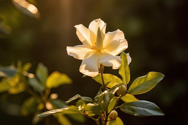 Uma flor branca com o sol brilhando sobre ela