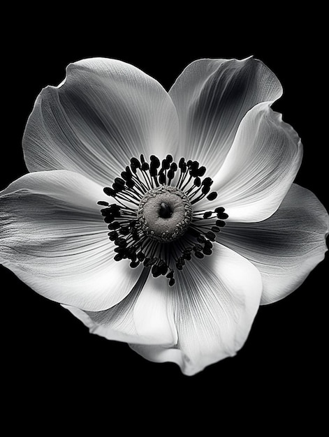 Uma flor branca com um fundo preto e a pétala branca tem um fundo preto.